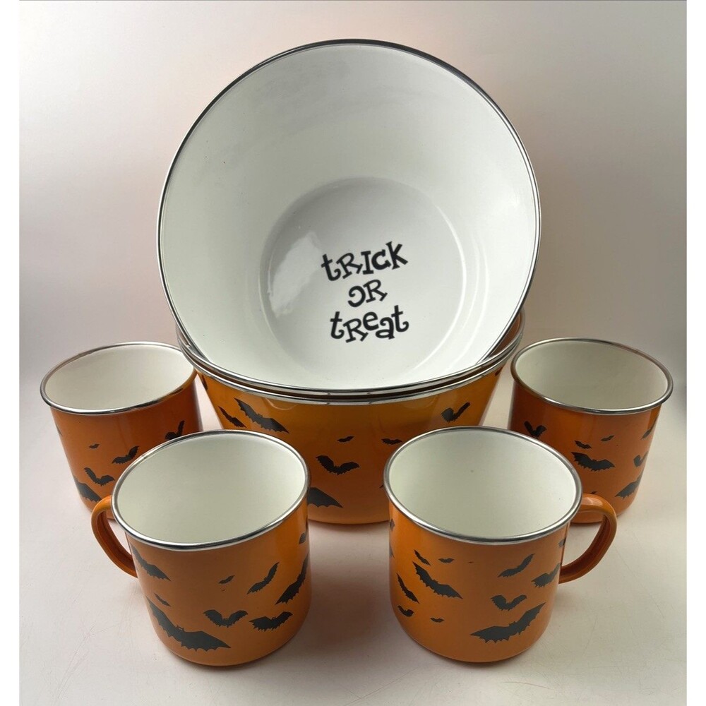 Enamel 9.75" Wide Bowls (3) and 4 Mugs Orange W/Black Bats Halloween Deco